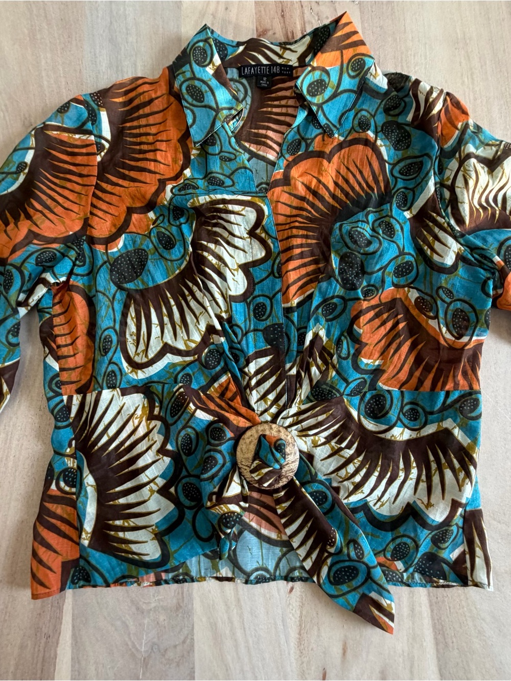 Lafayette 148 New York Floral Button Up Knotted Blouse Size 12